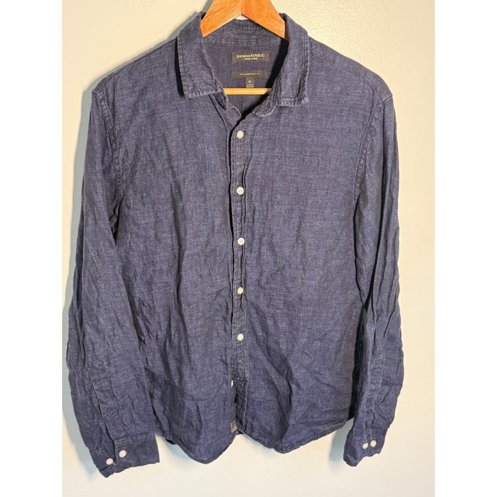 Banana Republic Mens Navy Blue 100% Linen Untucked Slim Fit Button Down Shirt M